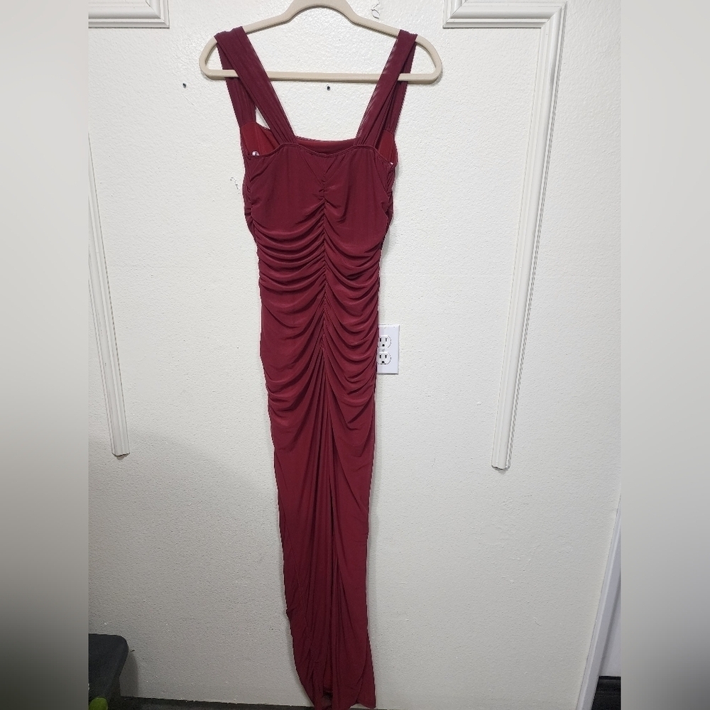 Lulus Amazing Presence Burgundy Mesh Ruched Column Maxi Dress S Wedding Party - Picture 10 of 10